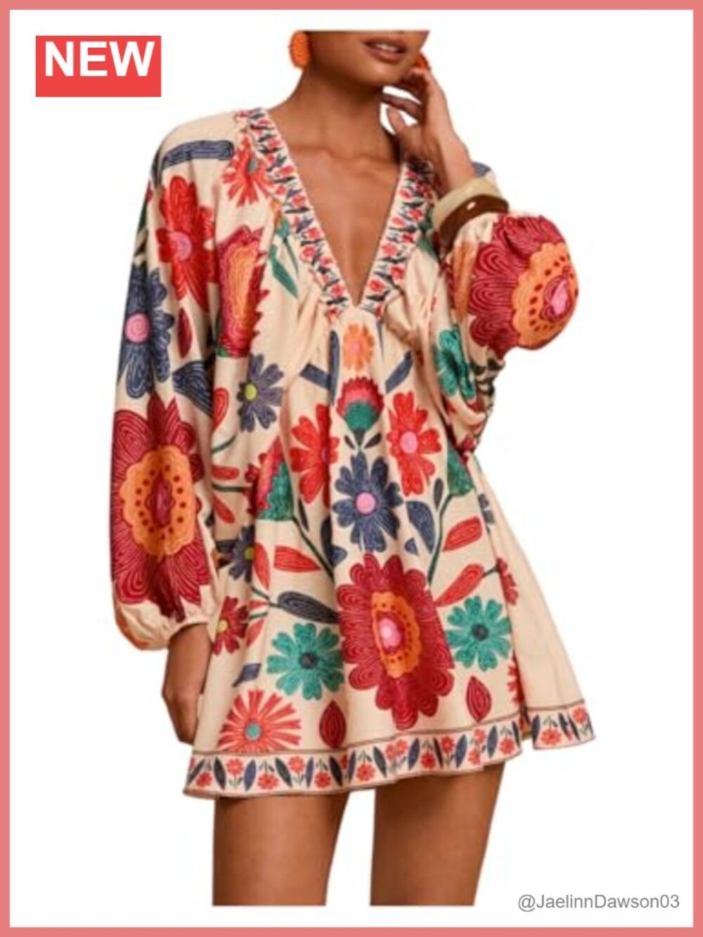 Boho Floral V-Neck Mini Dress Bishop Sleeve Tie Back Vacation